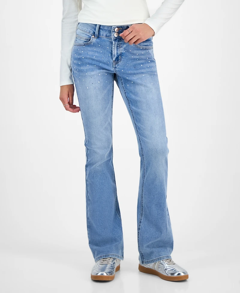 Madden Girl Juniors' Rhinestone Embellished Mid Rise Bootcut Jeans