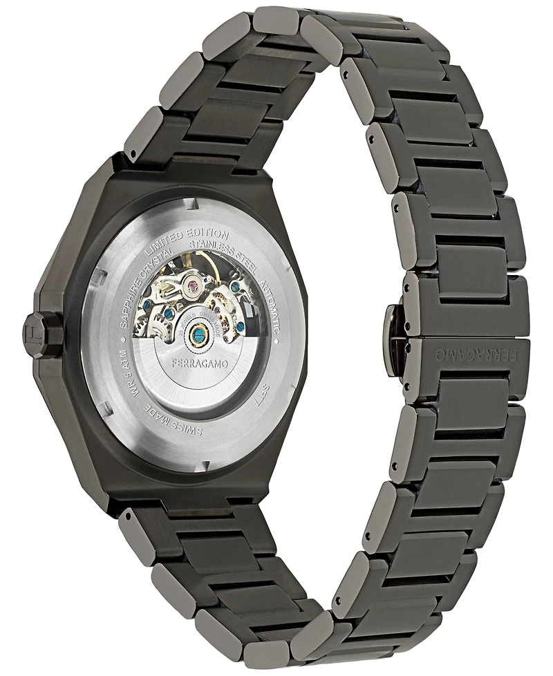 Ferragamo Men's Swiss Automatic Edge Skeleton Gunmetal Ion Plated Bracelet Watch 42mm
