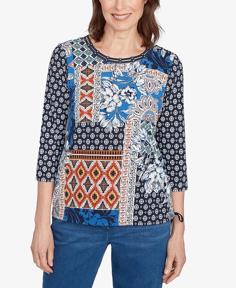Alfred Dunner Petite Batik Patchwork Drawstring Closure Top