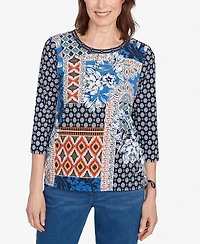 Alfred Dunner Petite Batik Patchwork Drawstring Closure Top