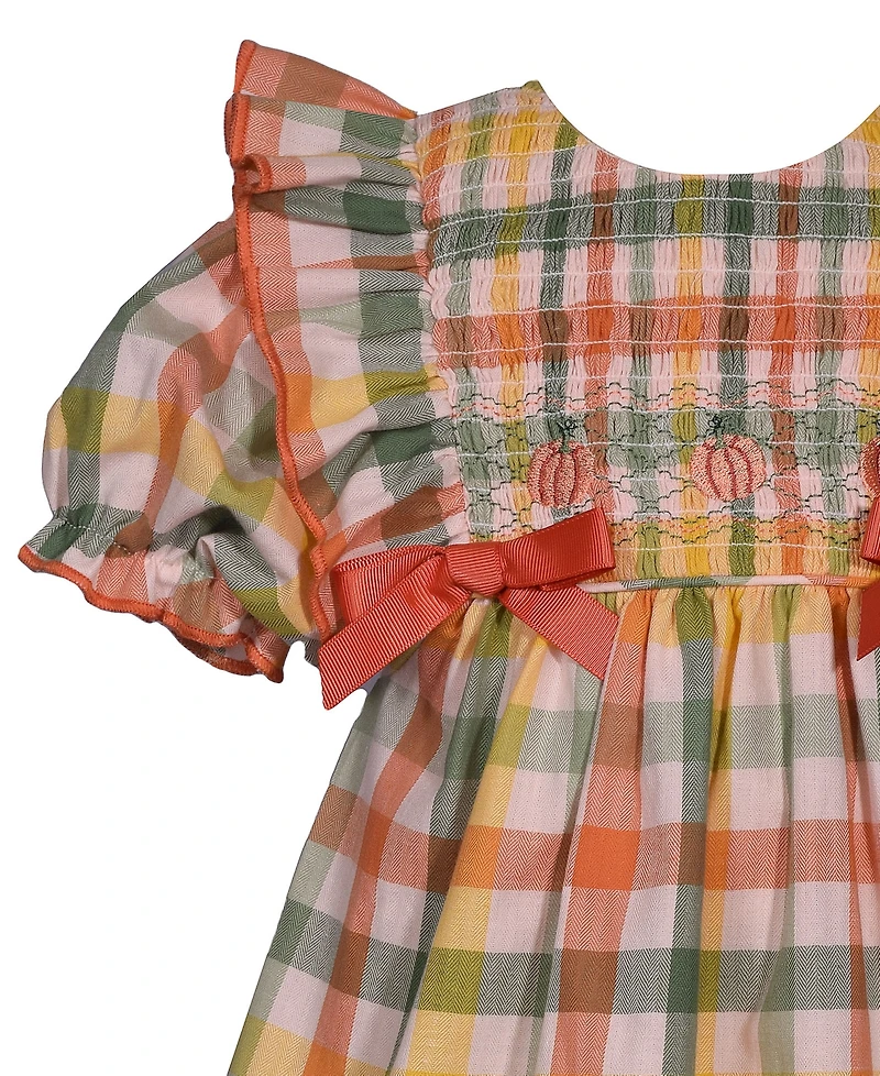 Bonnie Baby Girls Plaid Pumpkin Smocked Dress