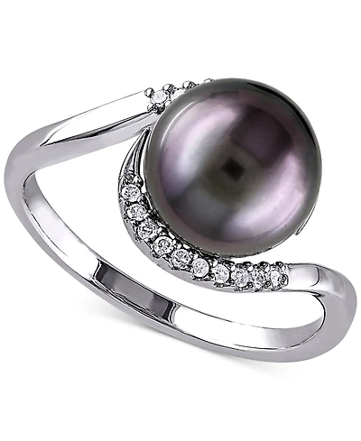 Cultured Black Tahitian Pearl (9mm) & Diamond (1/10 ct. t.w.) Swirl Ring Sterling Silver
