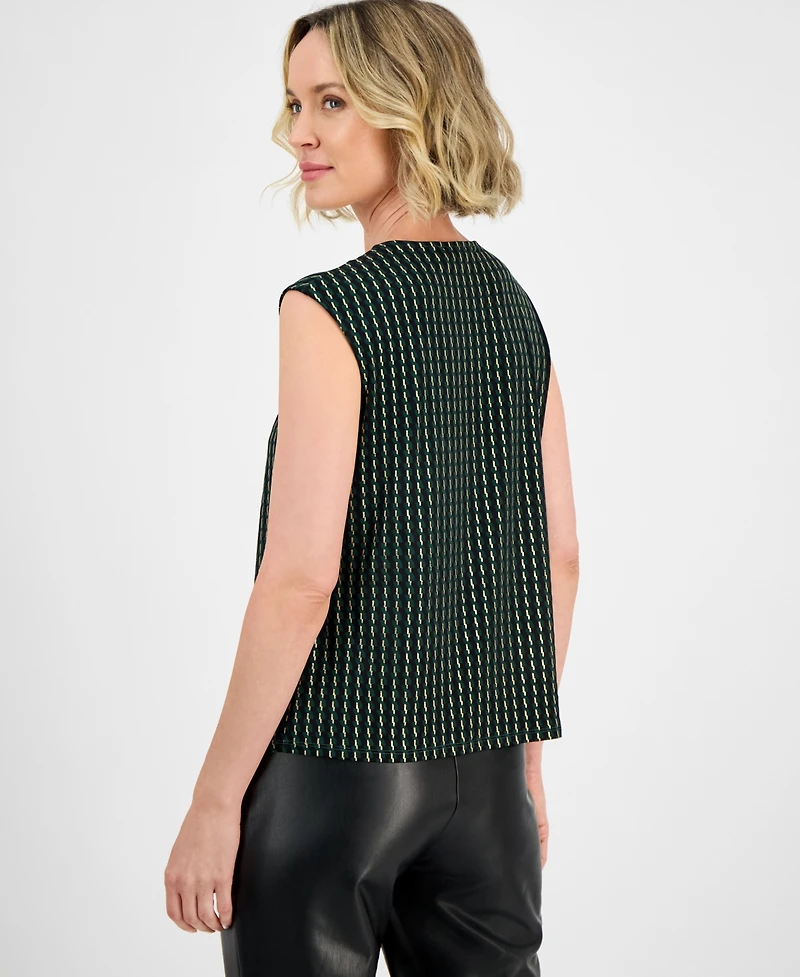 Kasper Foil Print Pleated-Neck Extended-Shoulder Top, Regular & Petites