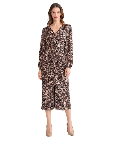Jones New York Women's Long Sleeve Shirred Front Slit Midi Dress