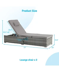 Outdoor Chaise Lounge Chair Set of 2 with Patio Pool Chairs Tanning Lounges for Outside,Beach Rattan Recliners with Adjustable Backrest, Table, Cushio