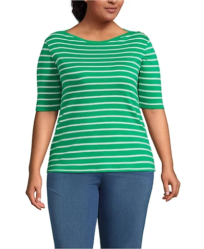 Lands' End Plus Supima Cotton Elbow Sleeve Boatneck Button Shoulder Tee