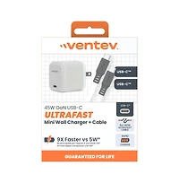 Ventev 45W Ultrafast Usb C Universal GaN Mini Wall Charger and 240W Usb C to Usb C Cable-White
