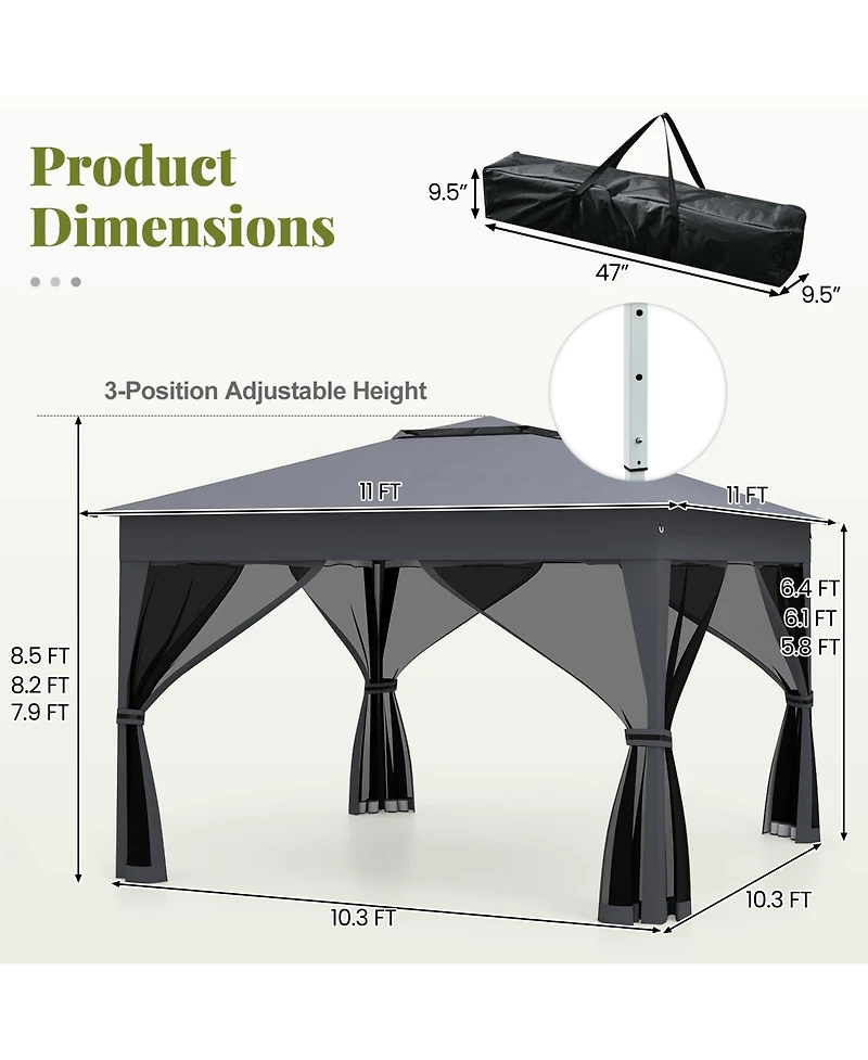 Gymax 11 X 11 Ft Pop up Canopy Tent w/ Mesh Screen Netting Carrying Bag Zippered Doors