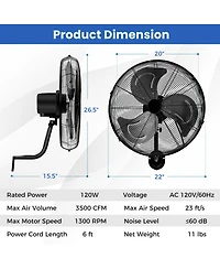 Mecale 20 Inch Wall Mount Fan with 3 Fan Speeds and Adjustable Tilt Head