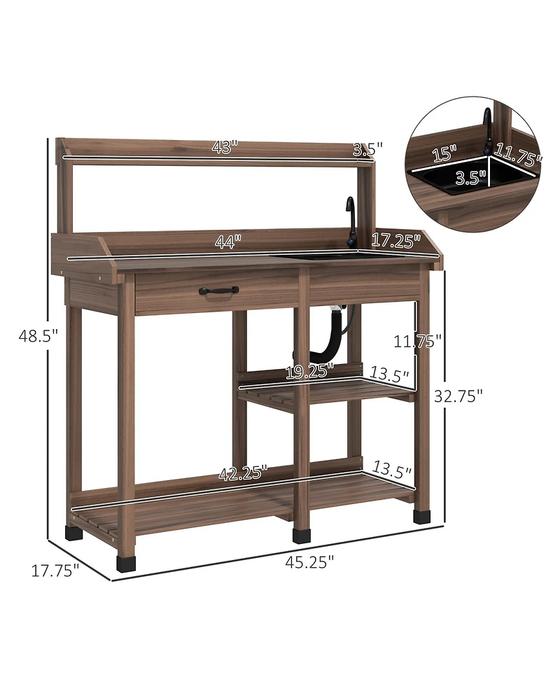 Outsunny Outdoor Garden Potting Bench Table with Hooks,