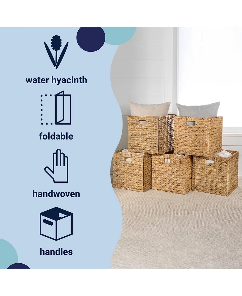 Happimess Bryce Classic Farmhouse Hand-Woven Hyacinth Collapsible Storage Cube Baskets with Handles (Set of 5