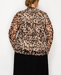 Coin 1804 Plus Size Leopard Mesh Scoop Neck Long Sleeve Top