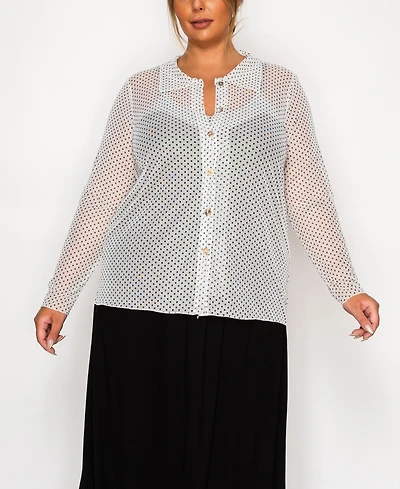 Coin 1804 Plus Dot Mesh Button Front Long Sleeve Top