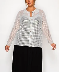 Coin 1804 Plus Dot Mesh Button Front Long Sleeve Top