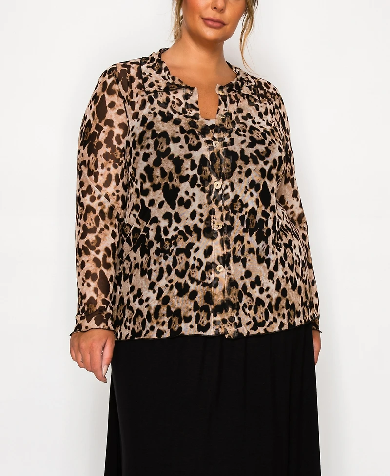 Coin 1804 Plus Leopard Mesh Button Front Long Sleeve Top