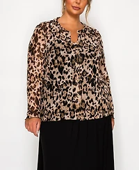 Coin 1804 Plus Leopard Mesh Button Front Long Sleeve Top