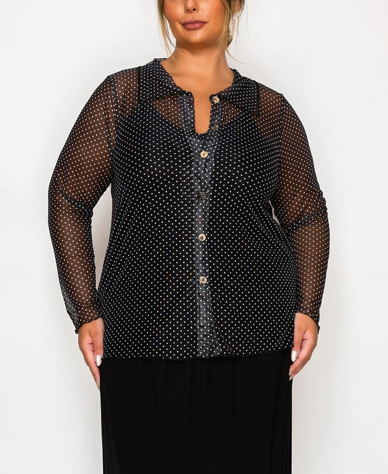 Coin 1804 Plus Dot Mesh Button Front Long Sleeve Top