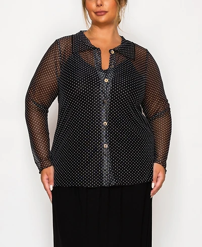 Coin 1804 Plus Dot Mesh Button Front Long Sleeve Top