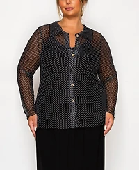 Coin 1804 Plus Dot Mesh Button Front Long Sleeve Top