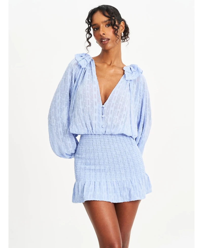 Miss Circle Women Zahari Blue Smock Bottom Balloon Sleeve Mini Dress