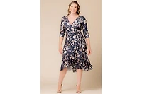 Kiyonna Plus Flirty Flounce Midi Wrap Dress with 3/4 Sleeves