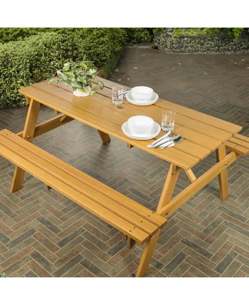 Jonathan Y Shoreham Modern Classic Outdoor Wood Picnic Table Benches with Umbrella Hole