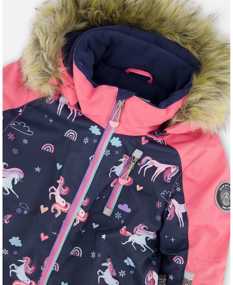 Deux par Girl One-Piece Play Snowsuit Navy Unicorn Print - Child
