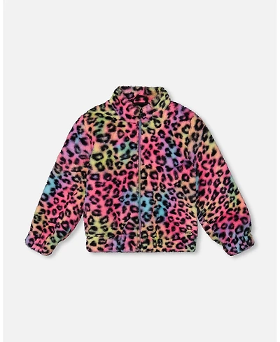 Deux par Girl Faux Fur Zipped Jacket Multicolor Leopard