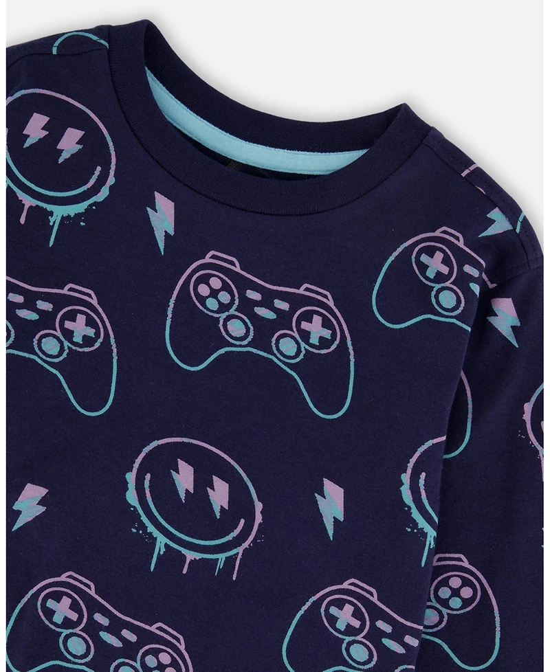 Deux par Boy Long Sleeve Cotton Allover Print Tee Navy Blue - Child