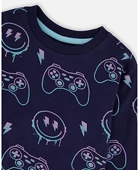 Deux par Boy Long Sleeve Cotton Allover Print Tee Navy Blue - Child