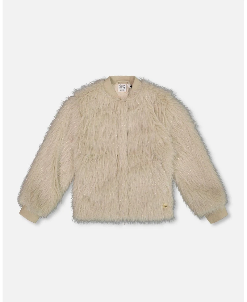 Deux par Girl Short Faux Fur Coat Beige