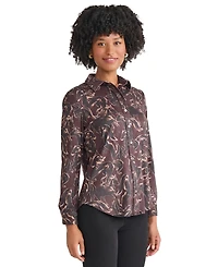 Jones New York Women's Printed Long Sleeve Button Front Top
