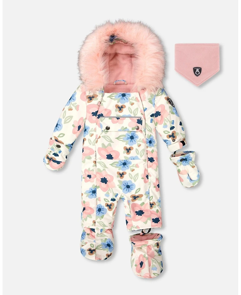 Deux par Baby Girl One-Piece Play Snowsuit Designed for Car Seat Off-White Flower Print - Baby|Toddler