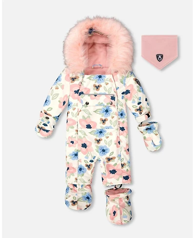 Deux par Baby Girl One-Piece Play Snowsuit Designed for Car Seat Off-White Flower Print - Baby|Toddler