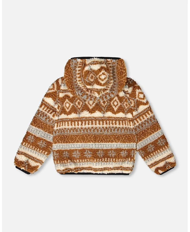 Deux par Toddler Unisex Reversible Mid-Season Sherpa Jacket Brown Aztec Pattern