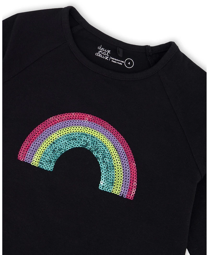 Deux par Toddler Girls Cotton Long Sleeve T-Shirt Black with Sequin Rainbow - Toddler|Child