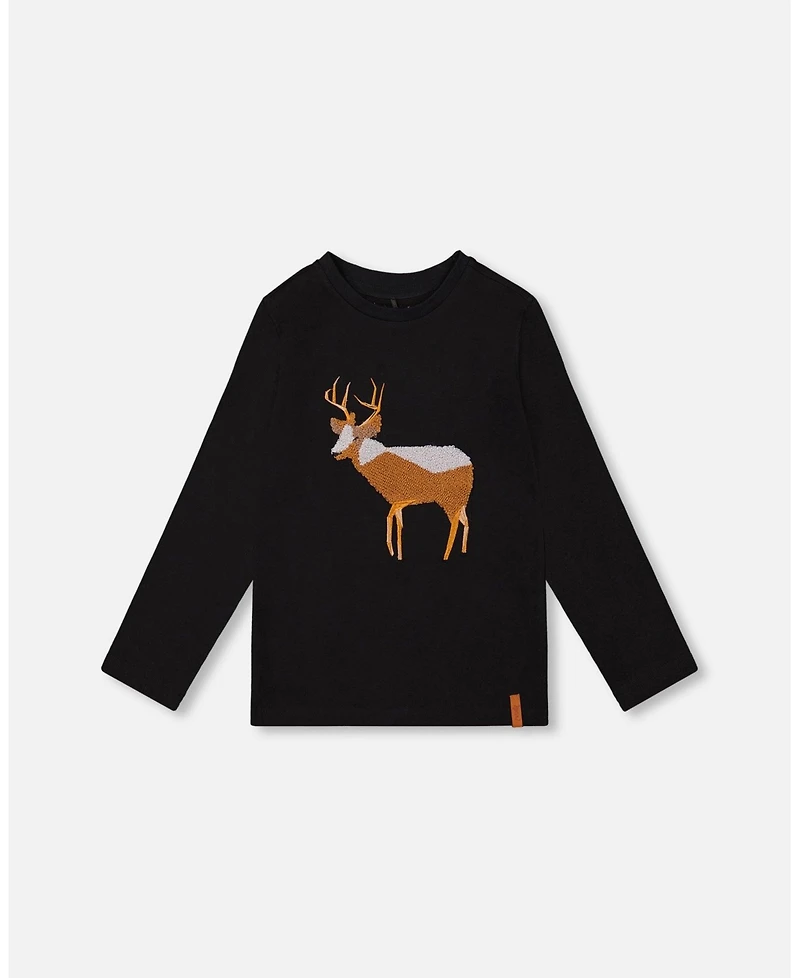 Deux par Baby Boy Cotton T-Shirt Black with Boucle Deer Applique
