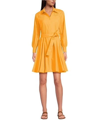 Lands' End Women's Embroidered Poplin Button Front Dress with Godets