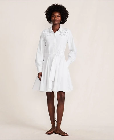 Lands' End Women's Embroidered Poplin Button Front Dress with Godets