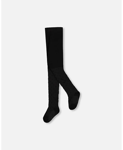 Deux par Baby Girl Knit Tights Black with Tone-On-Tone Star Pattern 