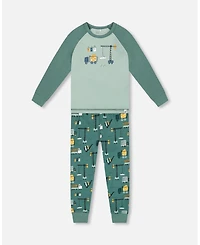 Deux par Toddler Boys Two-Piece Cotton Pajama Set Teal Construction Print - Toddler|Child
