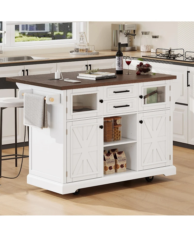 Casainc 54.9" Kitchen Island with Drop Leaf, Power Outlet, Storage Cart with Glass & Barn Doors, 4 Shelves&Wheels (No Stools)