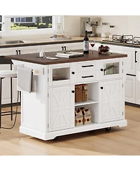 Casainc 54.9" Kitchen Island with Drop Leaf, Power Outlet, Storage Cart with Glass & Barn Doors, 4 Shelves&Wheels (No Stools)