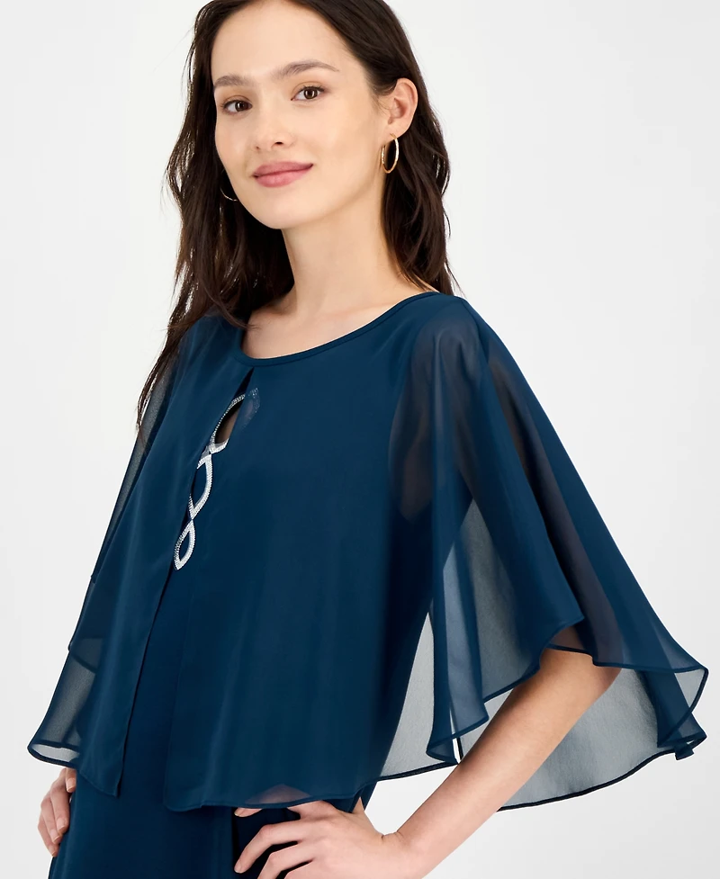 Connected Petite Cape Overlay Round Neck Dress