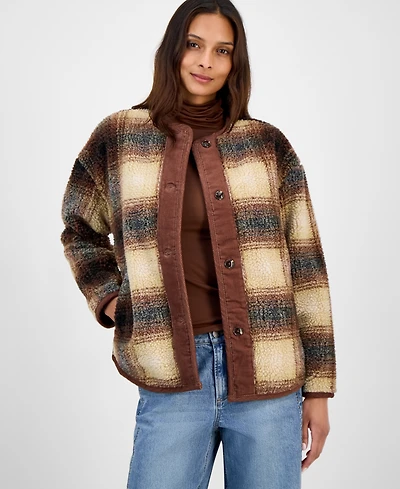 And Now This Women's Plaid Sherpa Fleece Collarless Jacket, Macy's Exclusive