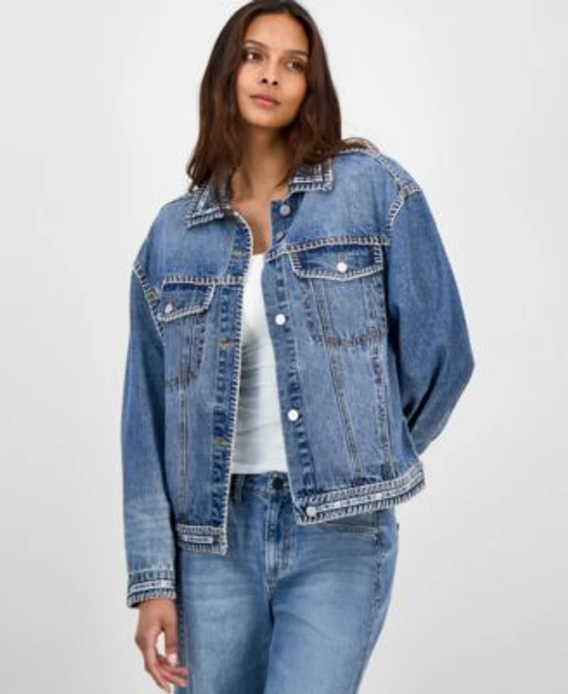 Now This Womens Whipstitched Denim Trucker Jacket Pxs Xxl Macys Exclusive