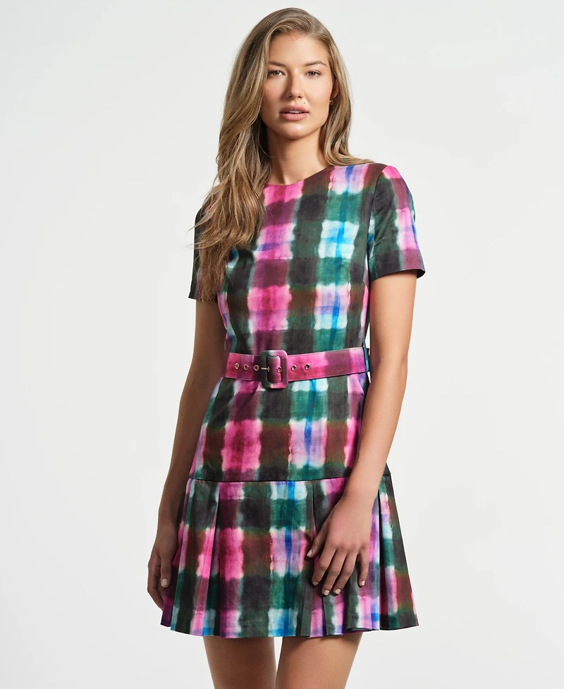 Isaac Mizrahi Women's Belted Pleated Short Dress