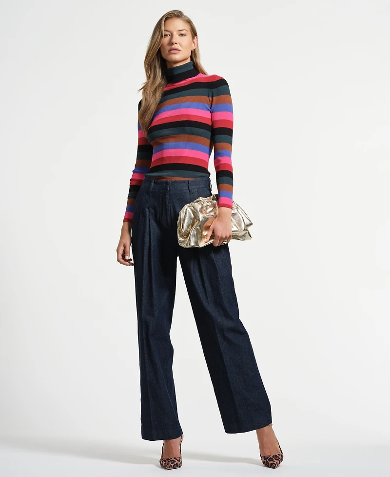 Isaac Mizrahi Women's Mock Neck Long Sleeve Striped Sweater