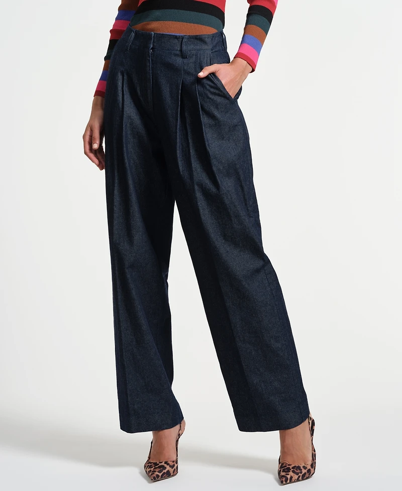 Isaac Mizrahi Women's Pleated Wide Leg Denim Pants