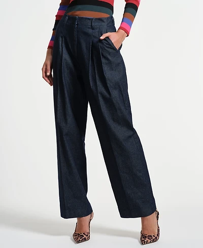Isaac Mizrahi Women's Pleated Wide Leg Denim Pants